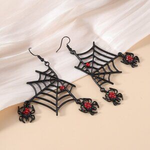 Gothic Spider Web Dangle Earrings 🕷️ Red Crystal Punk Statement Jewelry